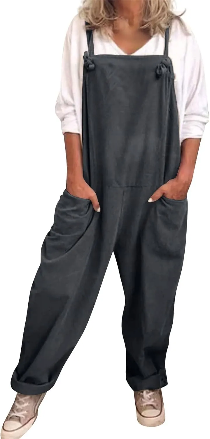 Overalls for Women Linen Plus Size Casual Sleeveless Jumpsuits Loose Fit Adjustable Straps Rompers Bib Overall