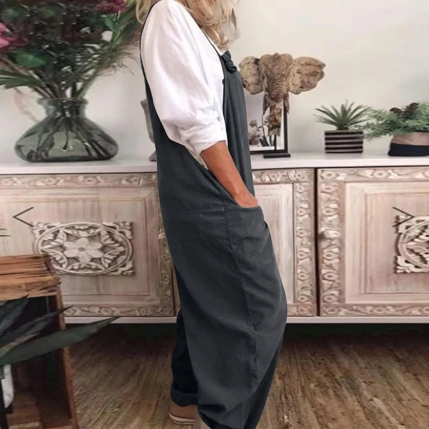Overalls for Women Linen Plus Size Casual Sleeveless Jumpsuits Loose Fit Adjustable Straps Rompers Bib Overall