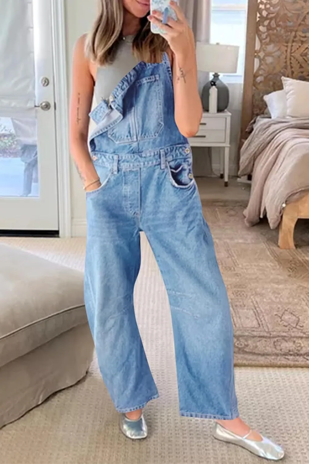 PLNOTME Womens Denim Bib Overalls Barrel Leg Adjustable Strap Jean Pants Jumpsuits with Pockets