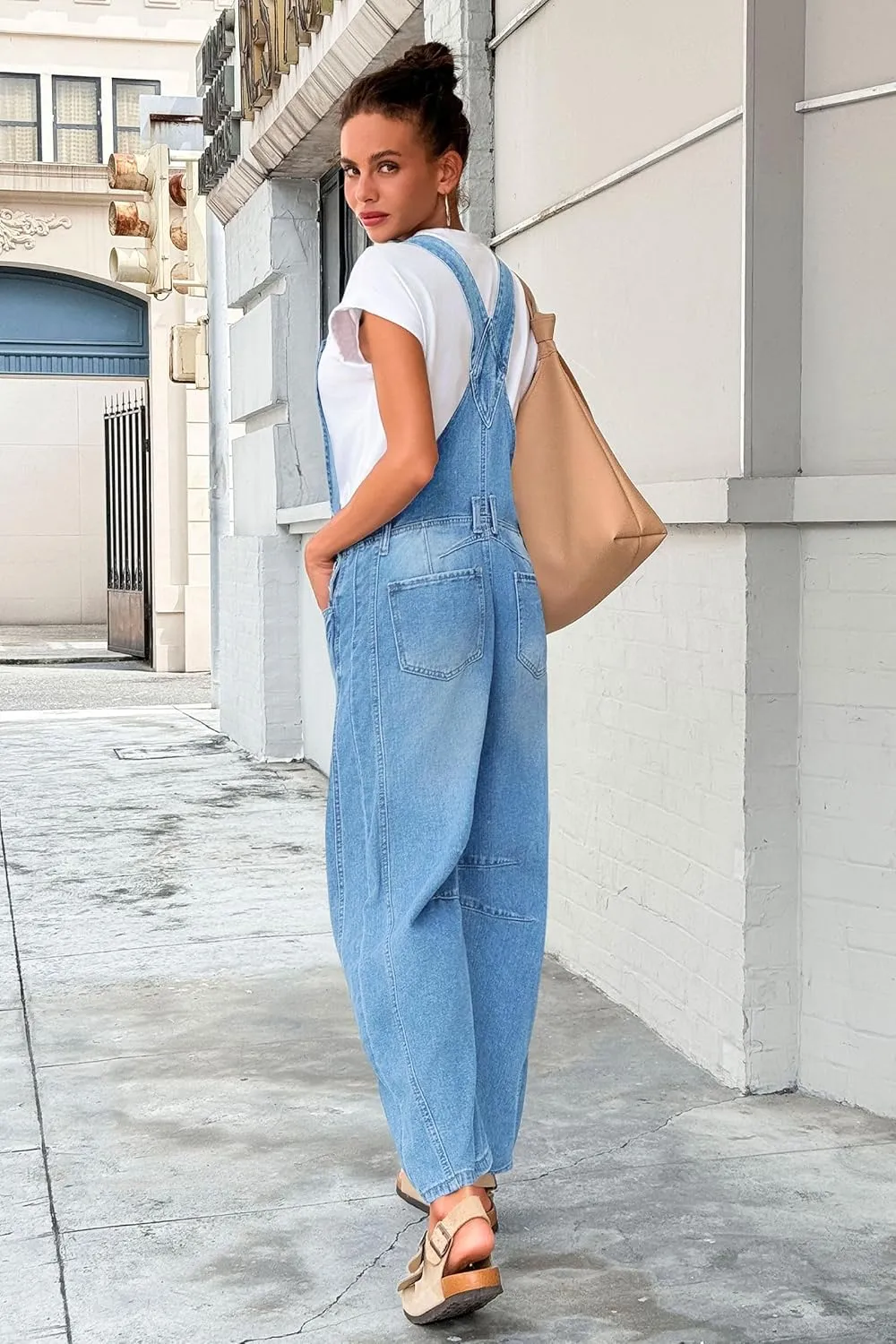 PLNOTME Womens Denim Bib Overalls Barrel Leg Adjustable Strap Jean Pants Jumpsuits with Pockets