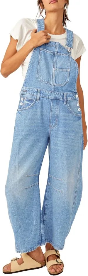 PLNOTME Womens Denim Bib Overalls Barrel Leg Adjustable Strap Jean Pants Jumpsuits with Pockets