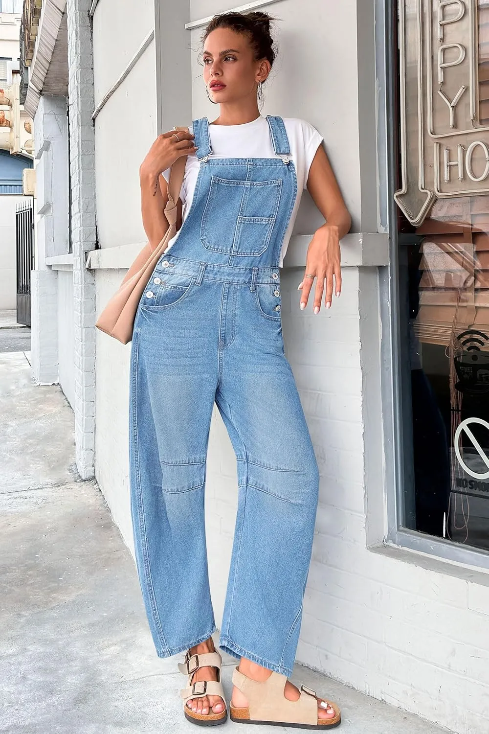 PLNOTME Womens Denim Bib Overalls Barrel Leg Adjustable Strap Jean Pants Jumpsuits with Pockets