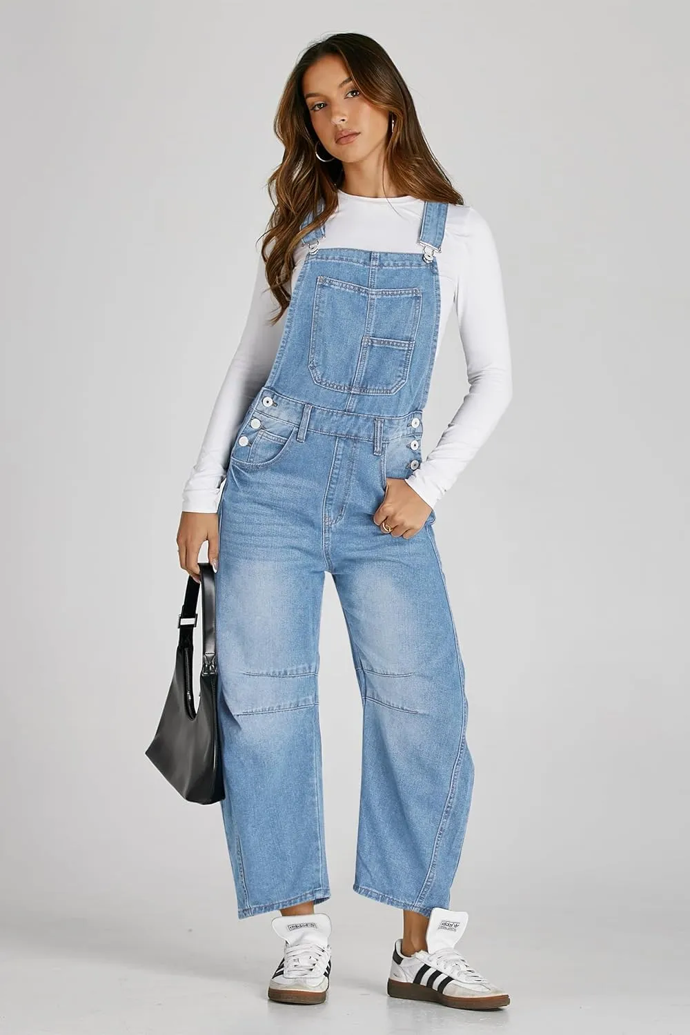 PLNOTME Womens Denim Bib Overalls Barrel Leg Adjustable Strap Jean Pants Jumpsuits with Pockets