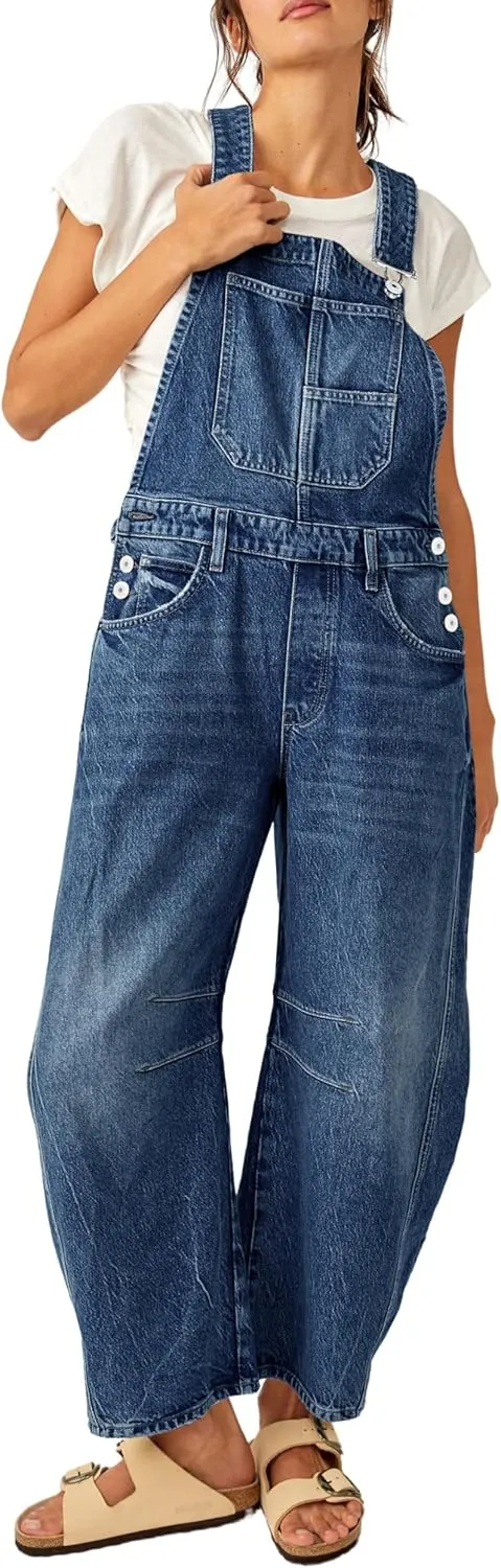 PLNOTME Womens Denim Bib Overalls Barrel Leg Adjustable Strap Jean Pants Jumpsuits with Pockets