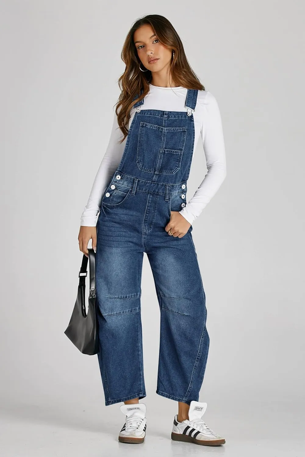 PLNOTME Womens Denim Bib Overalls Barrel Leg Adjustable Strap Jean Pants Jumpsuits with Pockets