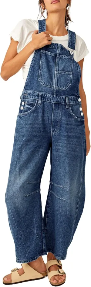 PLNOTME Womens Denim Bib Overalls Barrel Leg Adjustable Strap Jean Pants Jumpsuits with Pockets