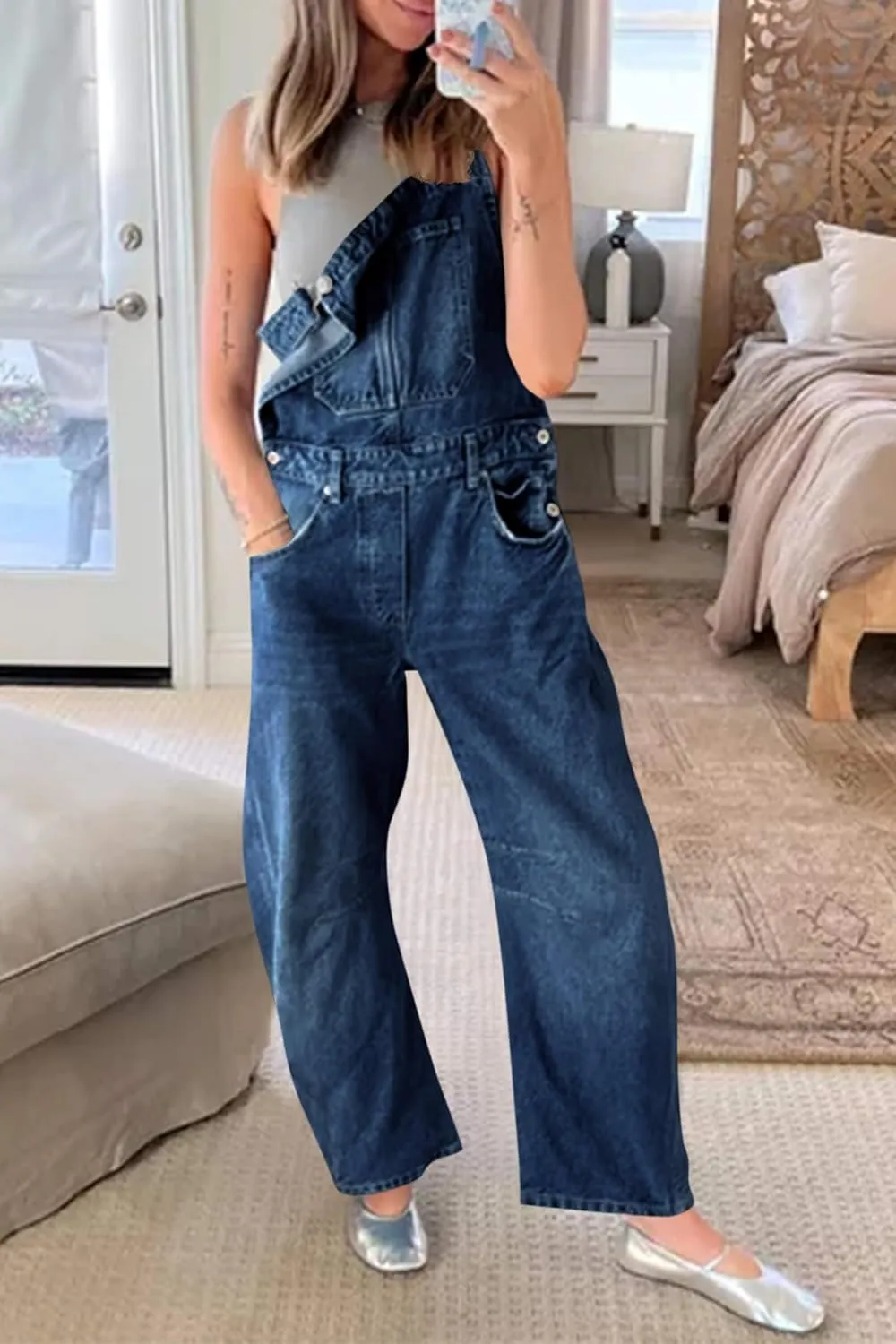 PLNOTME Womens Denim Bib Overalls Barrel Leg Adjustable Strap Jean Pants Jumpsuits with Pockets