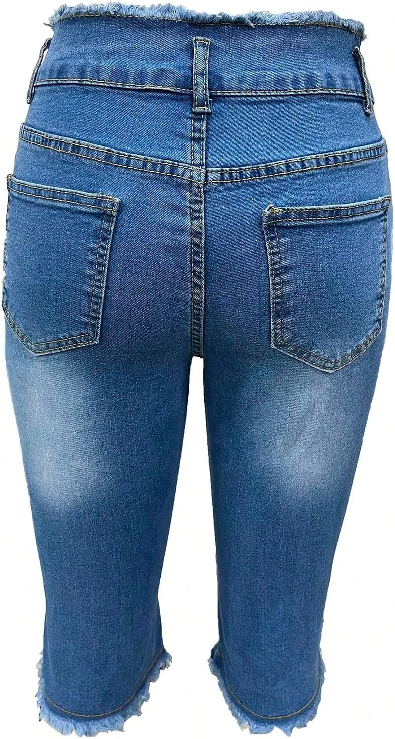 Stretch Jean Capris for Women Ripped Low Rise Jeans Vintage Distressed Jeans Raw Hem Denim Capri Pants with Pocekts