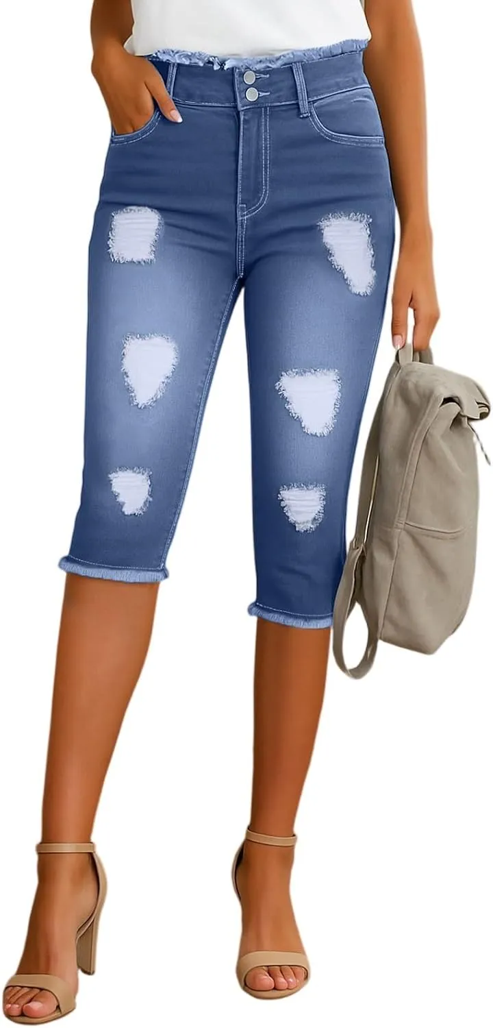 Stretch Jean Capris for Women Ripped Low Rise Jeans Vintage Distressed Jeans Raw Hem Denim Capri Pants with Pocekts