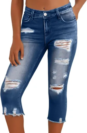 Stretch Jean Capris for Women Ripped Low Rise Jeans Vintage Distressed Jeans Raw Hem Denim Capri Pants with Pocekts