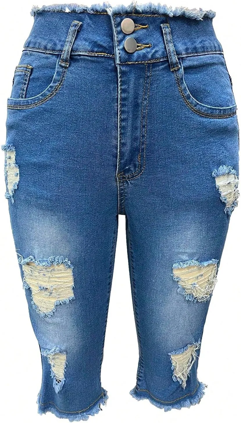 Stretch Jean Capris for Women Ripped Low Rise Jeans Vintage Distressed Jeans Raw Hem Denim Capri Pants with Pocekts