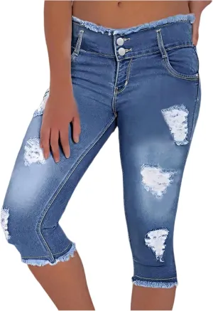 Stretch Jean Capris for Women Ripped Low Rise Jeans Vintage Distressed Jeans Raw Hem Denim Capri Pants with Pocekts