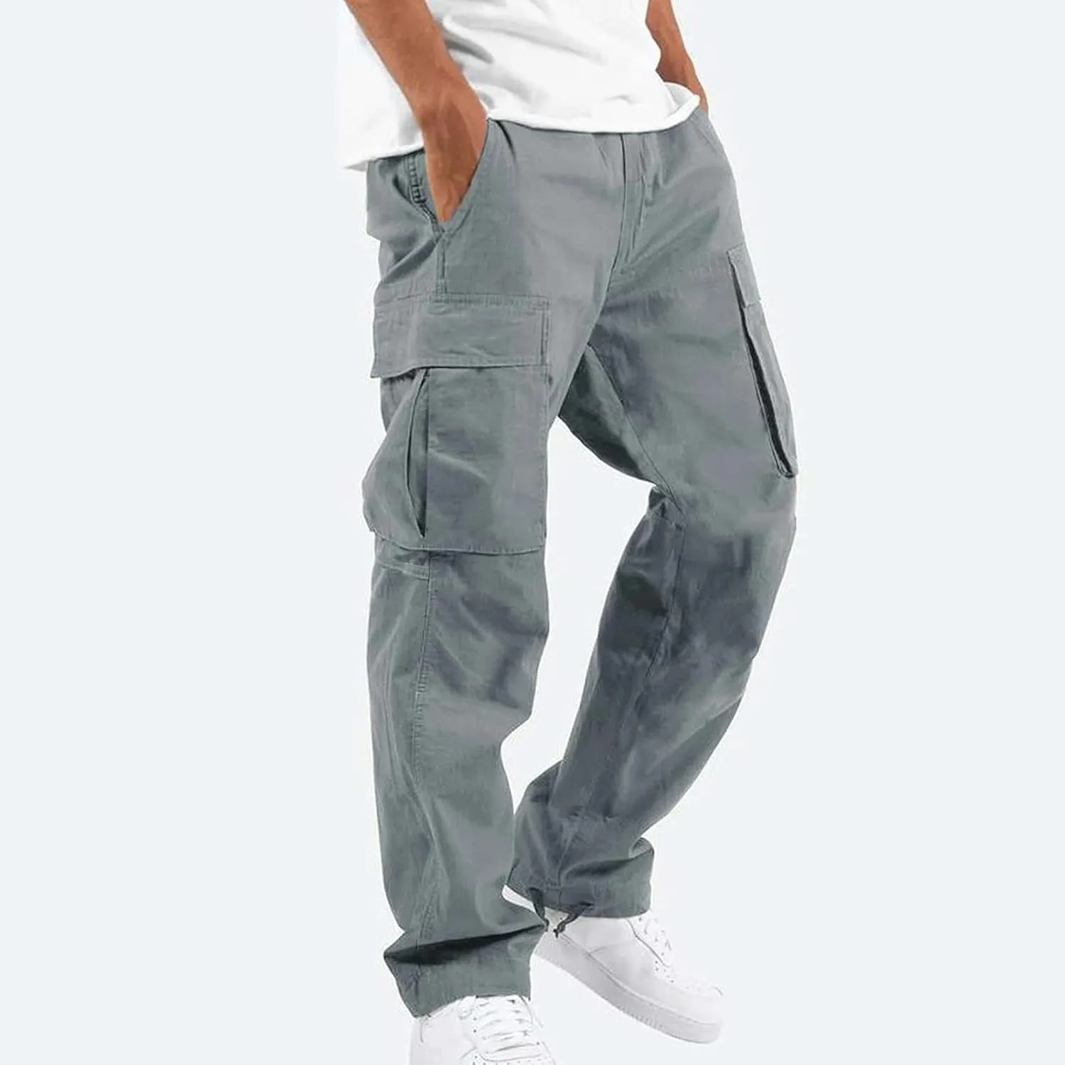 WENKOMG1 Casual Cargo Pants for Men Solid Camo Casual Hiking Pants Workout Joggers Drawstring Multi Pocket Sweatpants