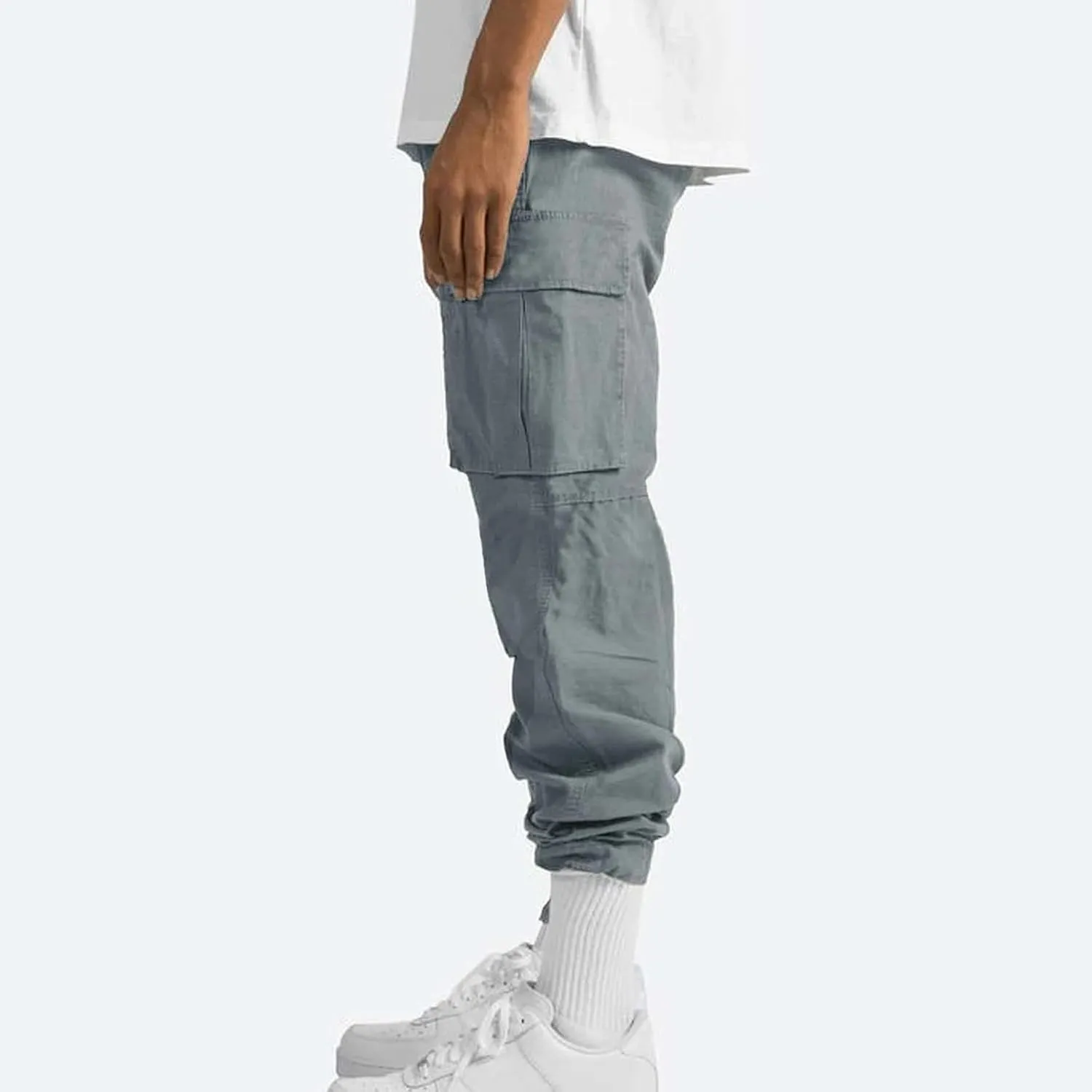 WENKOMG1 Casual Cargo Pants for Men Solid Camo Casual Hiking Pants Workout Joggers Drawstring Multi Pocket Sweatpants