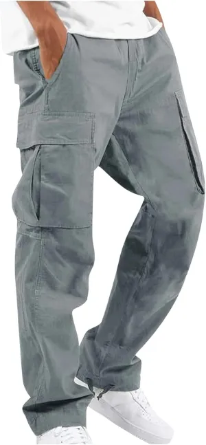 WENKOMG1 Casual Cargo Pants for Men Solid Camo Casual Hiking Pants Workout Joggers Drawstring Multi Pocket Sweatpants