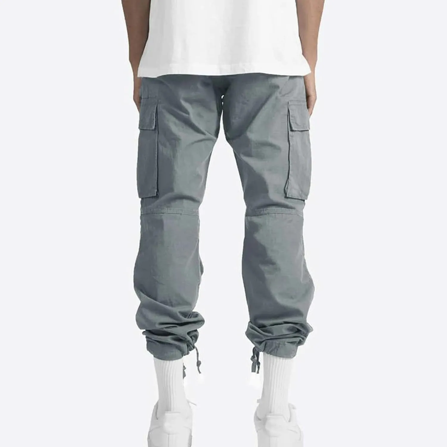 WENKOMG1 Casual Cargo Pants for Men Solid Camo Casual Hiking Pants Workout Joggers Drawstring Multi Pocket Sweatpants