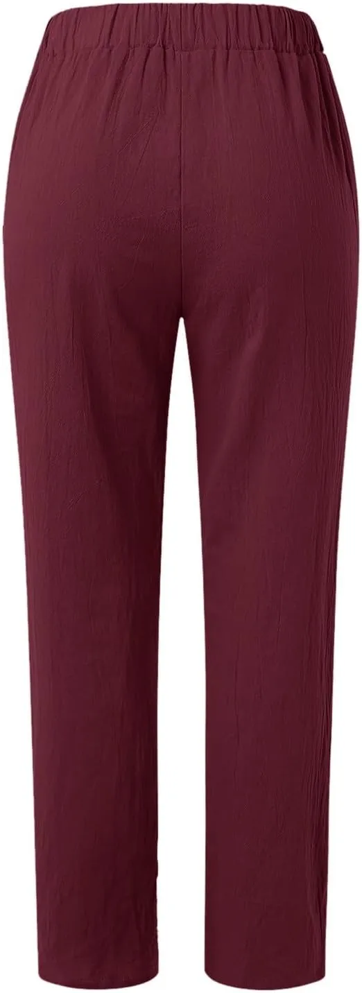 Women Buttons Solid Pants High Waisted Wide Leg Pants Drawstring Elastic Trousers Comfy Straight Leg Long Pants