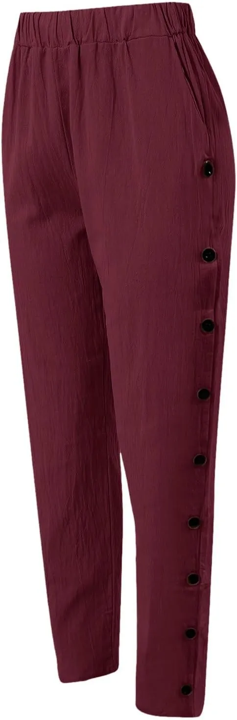 Women Buttons Solid Pants High Waisted Wide Leg Pants Drawstring Elastic Trousers Comfy Straight Leg Long Pants
