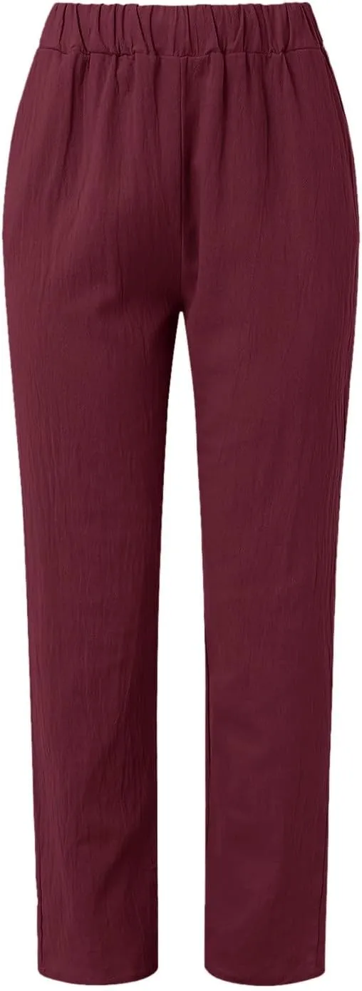 Women Buttons Solid Pants High Waisted Wide Leg Pants Drawstring Elastic Trousers Comfy Straight Leg Long Pants