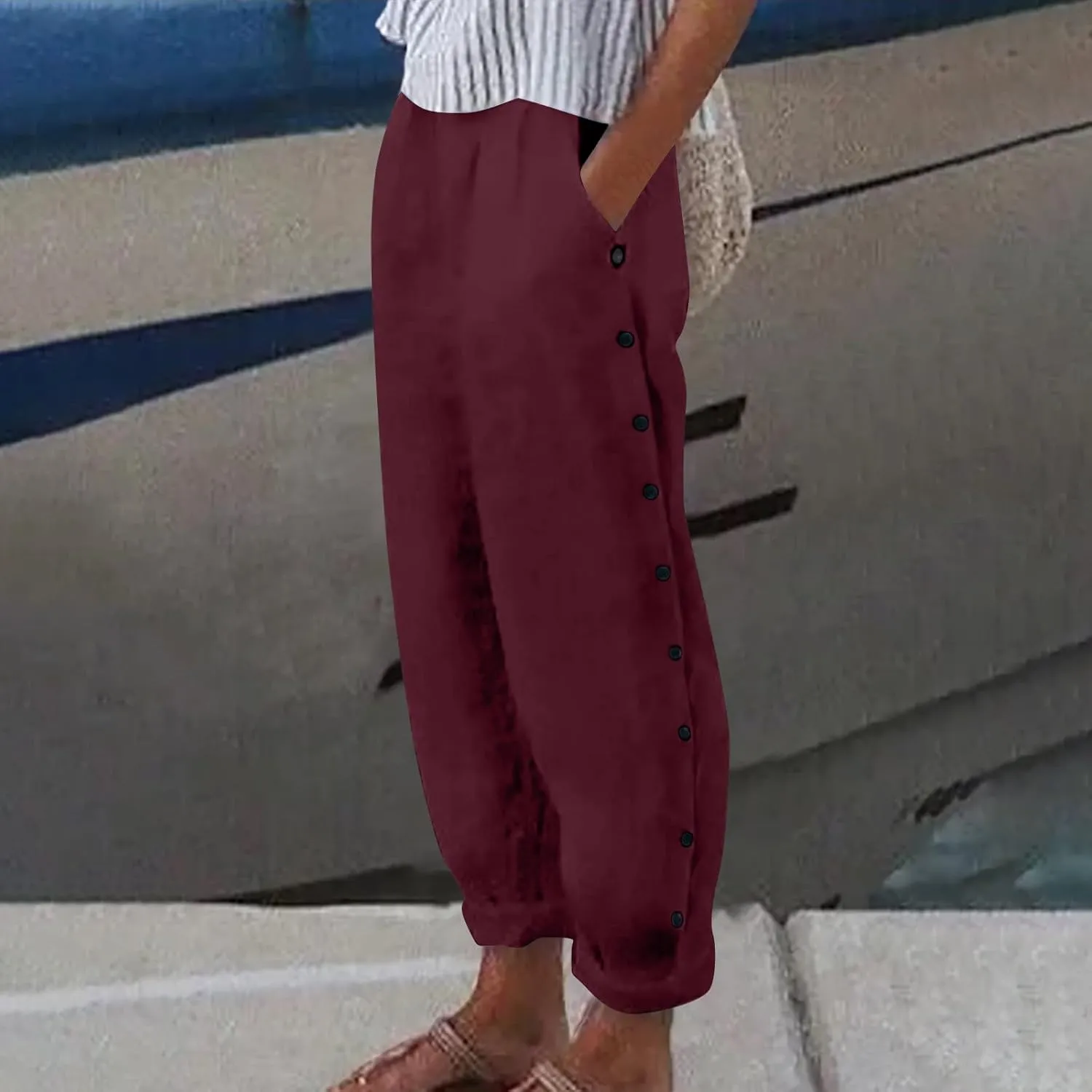 Women Buttons Solid Pants High Waisted Wide Leg Pants Drawstring Elastic Trousers Comfy Straight Leg Long Pants