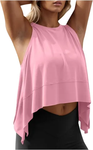 Women Draped Flowy Yoga Tank Tops Summer Comfy Casual Athletic Cropped Top Sleeveless Hi-Lo Hem Gym Workout Shirts