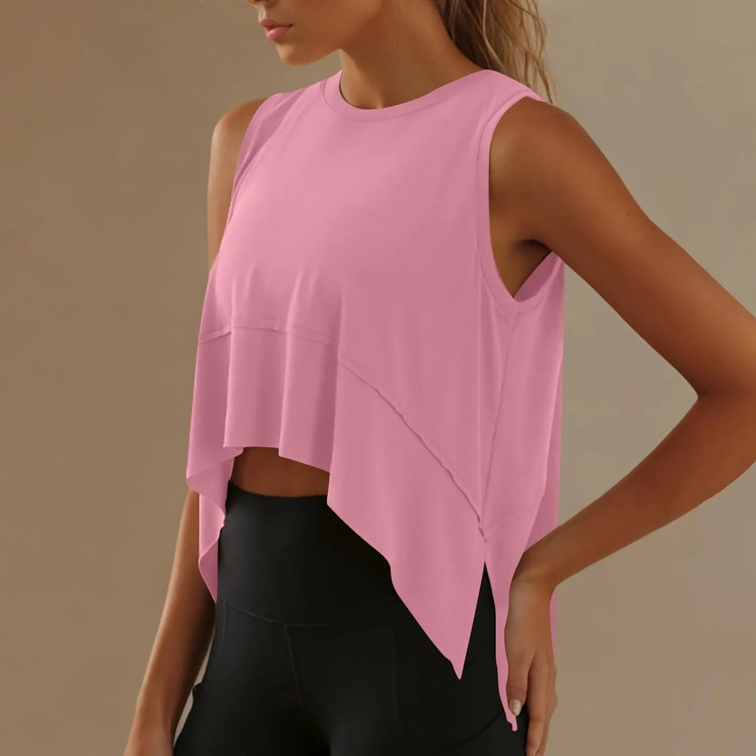 Women Draped Flowy Yoga Tank Tops Summer Comfy Casual Athletic Cropped Top Sleeveless Hi-Lo Hem Gym Workout Shirts