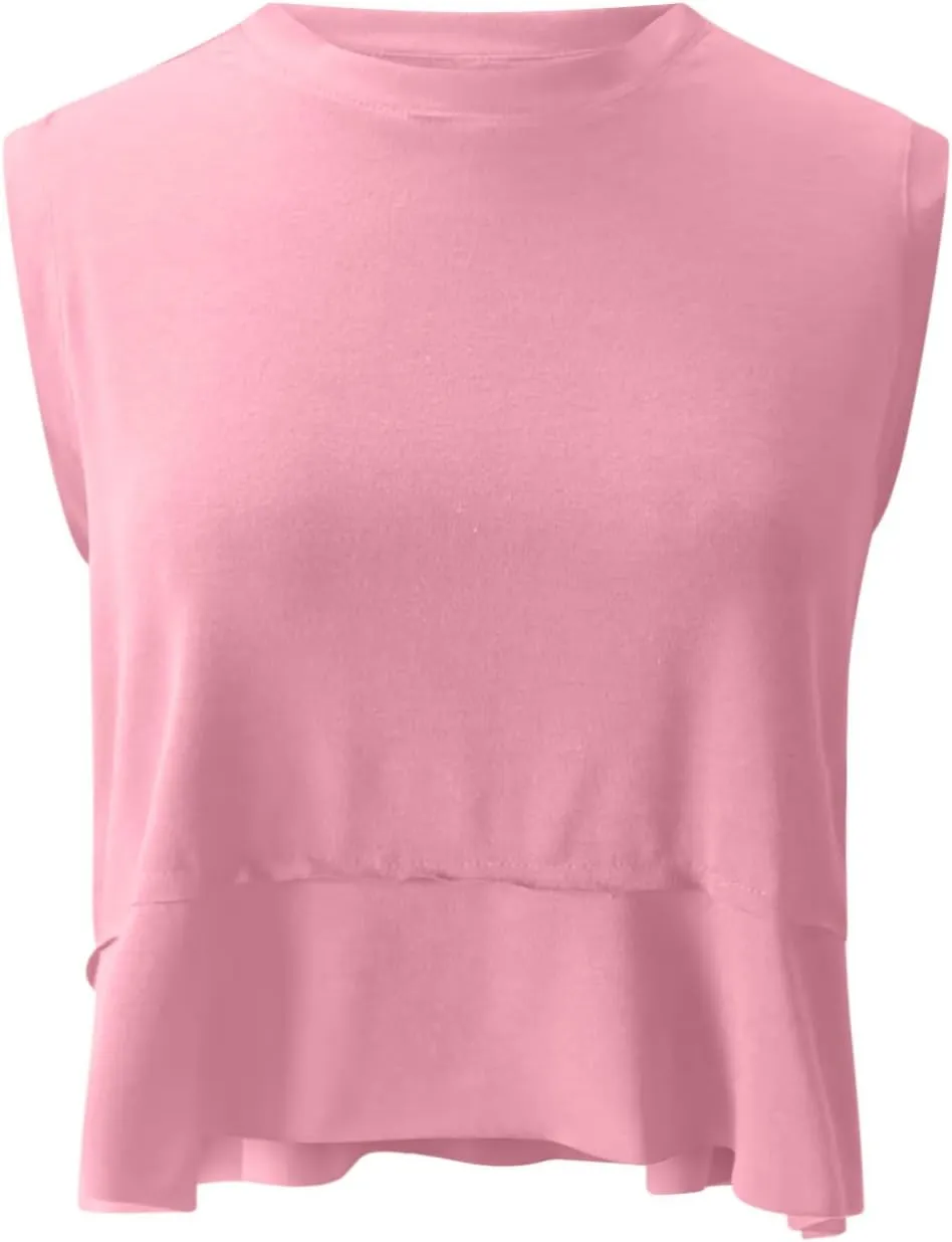 Women Draped Flowy Yoga Tank Tops Summer Comfy Casual Athletic Cropped Top Sleeveless Hi-Lo Hem Gym Workout Shirts