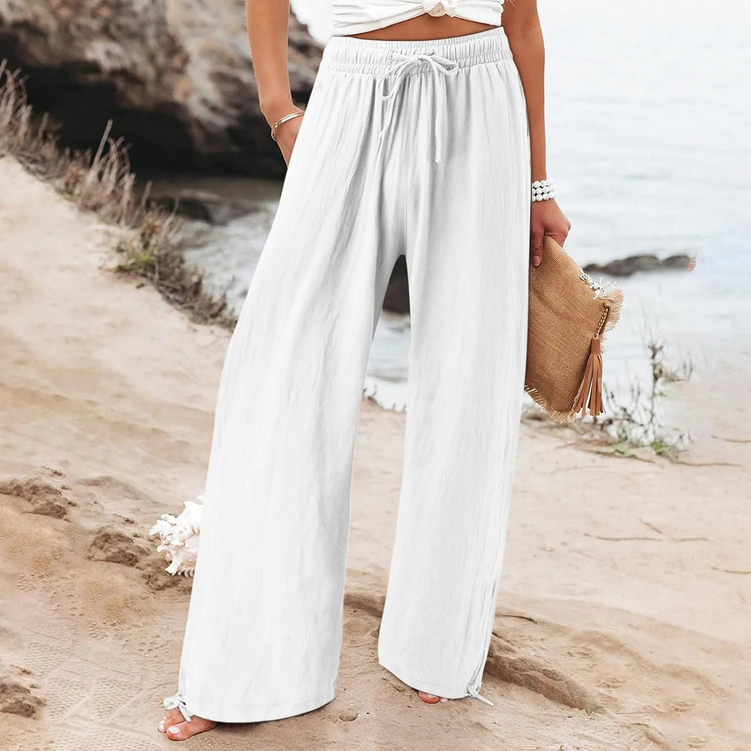 Women Linen Palazzo Pants Summer Boho Wide Leg High Waist Casual Lounge Pant 2025 Beach Travel Vacation Outfits