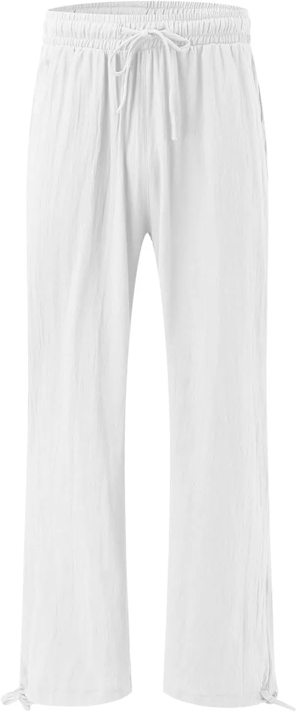 Women Linen Palazzo Pants Summer Boho Wide Leg High Waist Casual Lounge Pant 2025 Beach Travel Vacation Outfits