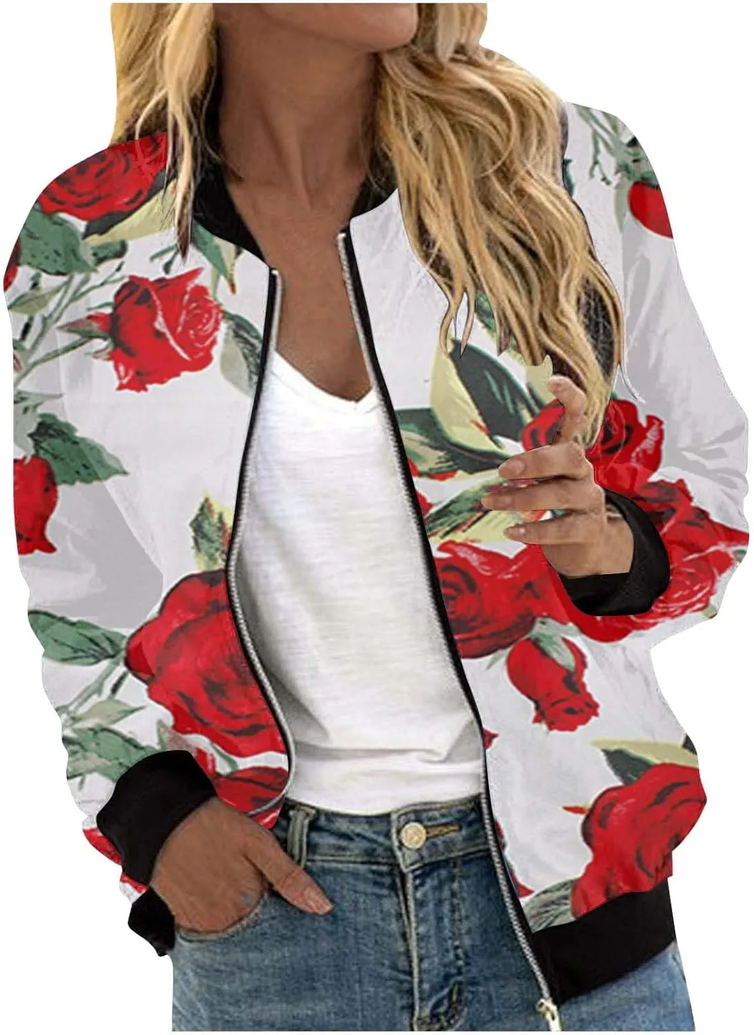 Women's Bomber Jacket 2024 Fall Casual Fashion Coat Dressy Lightweight Zip Up Outerwear Windbreaker with Pocket