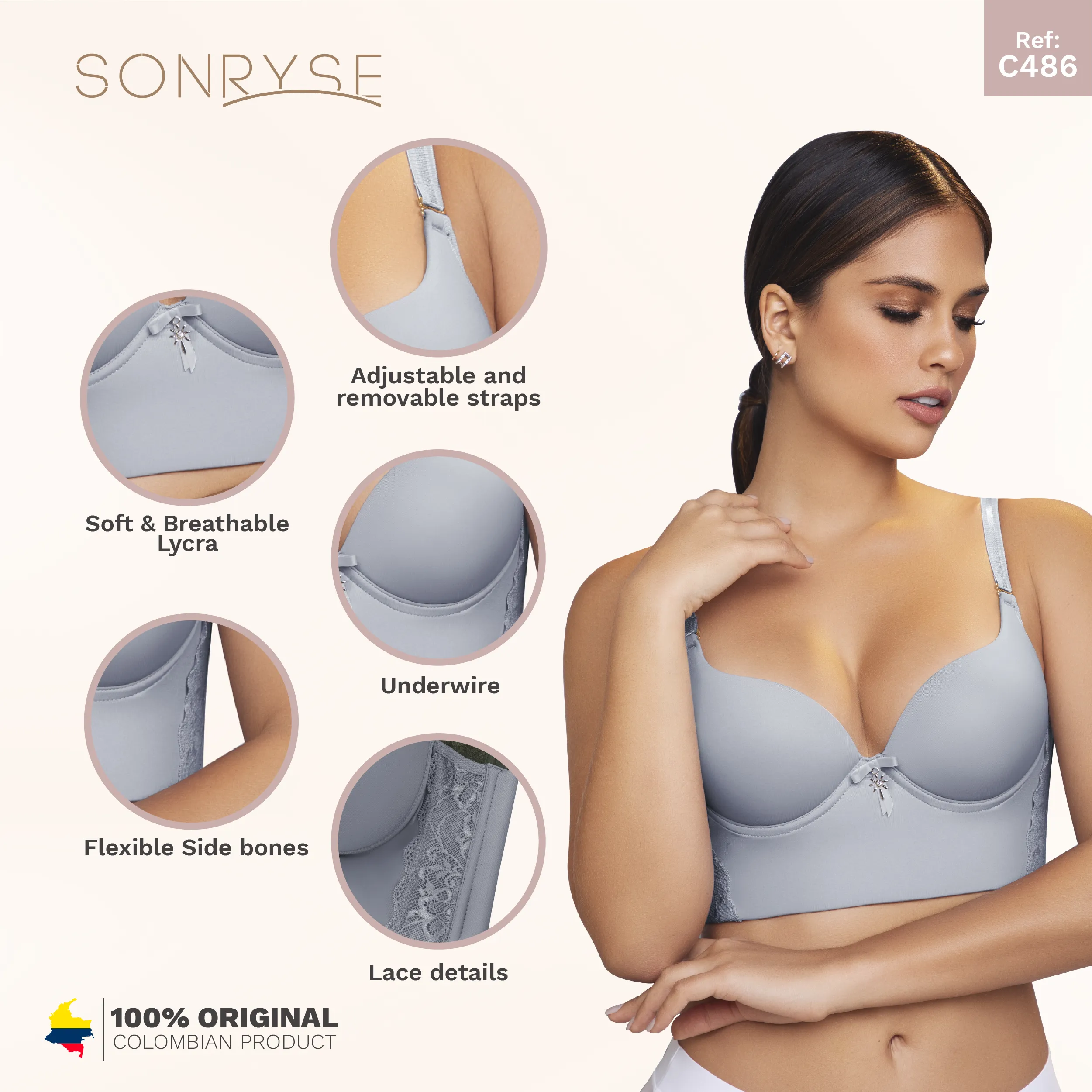 Women's High Back Support Bustier Long Bra for Big Busts Sonryse C486