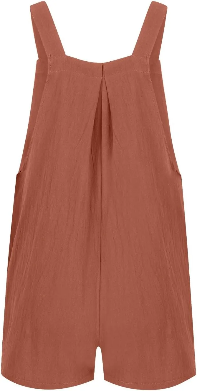 Womens Rompers for Summer Baggy Wide Leg Shorts Linen Overalls Button Adjustable Straps Loose Bib Jumpsuits w/Pockets