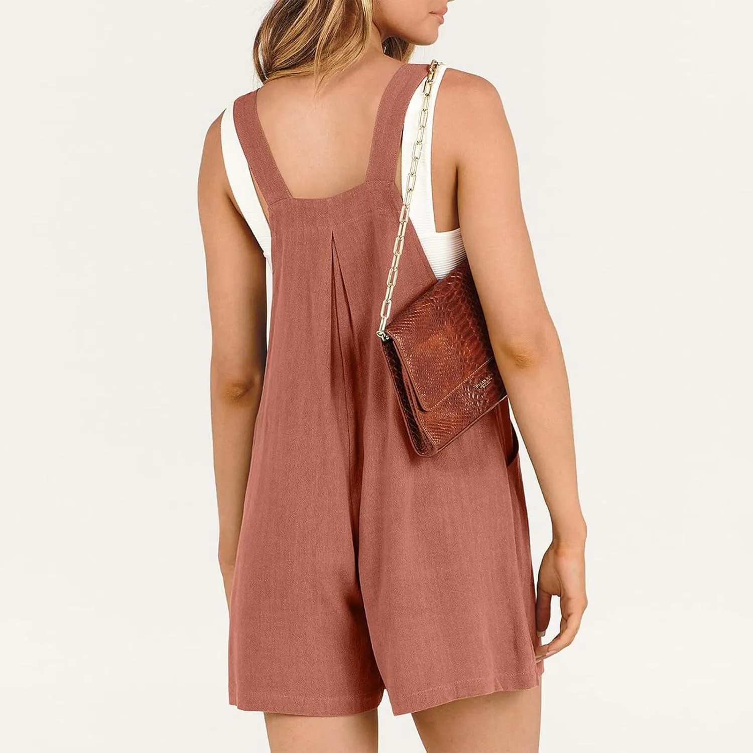 Womens Rompers for Summer Baggy Wide Leg Shorts Linen Overalls Button Adjustable Straps Loose Bib Jumpsuits w/Pockets
