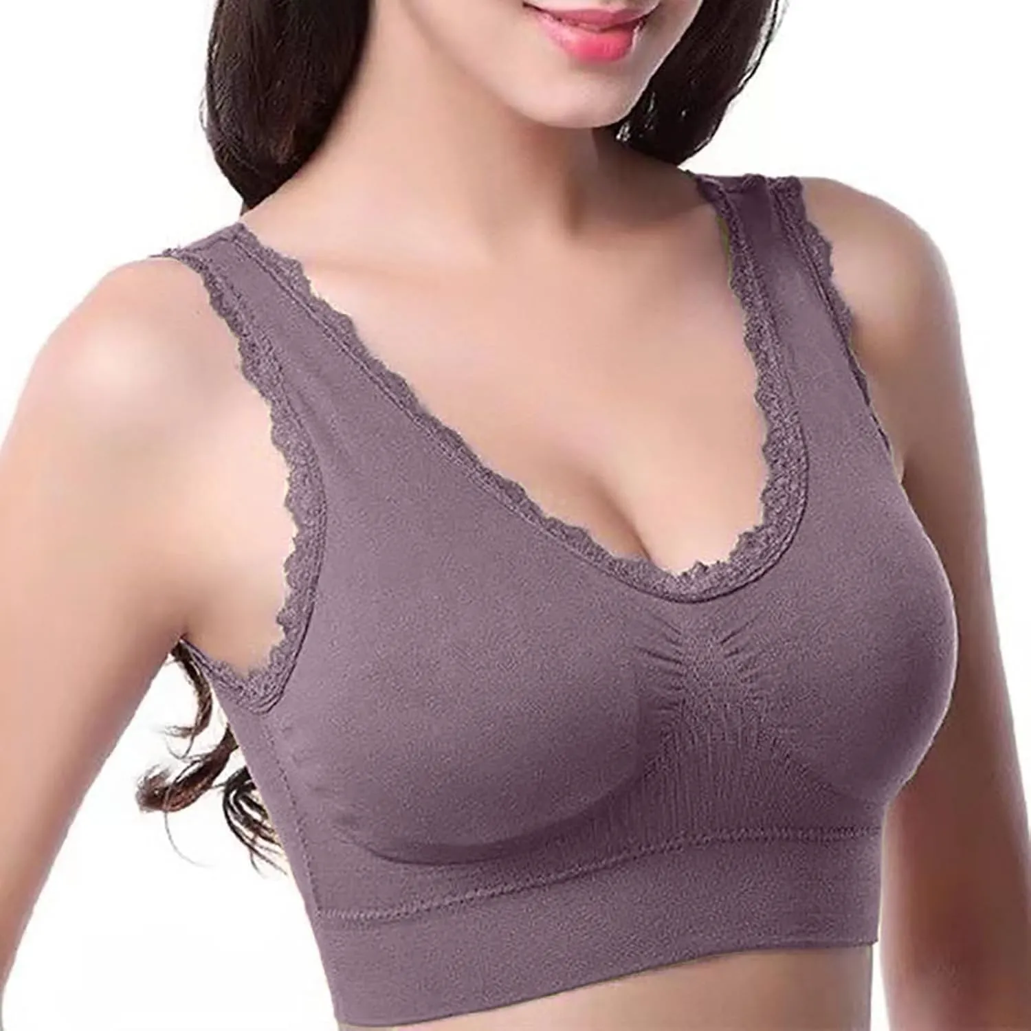Women's Sports Bra Seamless Push up Bra Top Cover Sports Bralette Lace Trim Bras Breathable Light Bra for Yoga Fitness