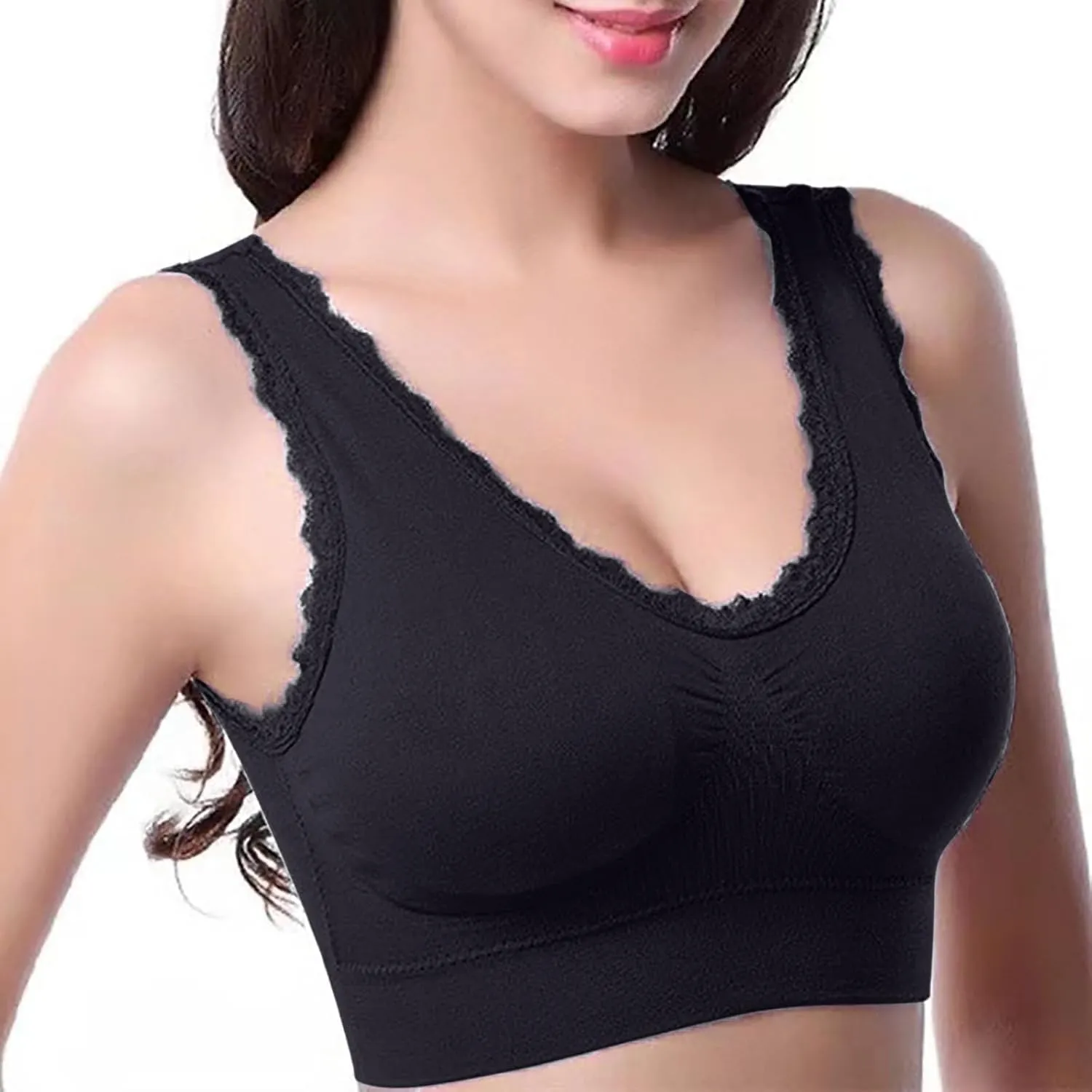 Women's Sports Bra Seamless Push up Bra Top Cover Sports Bralette Lace Trim Bras Breathable Light Bra for Yoga Fitness