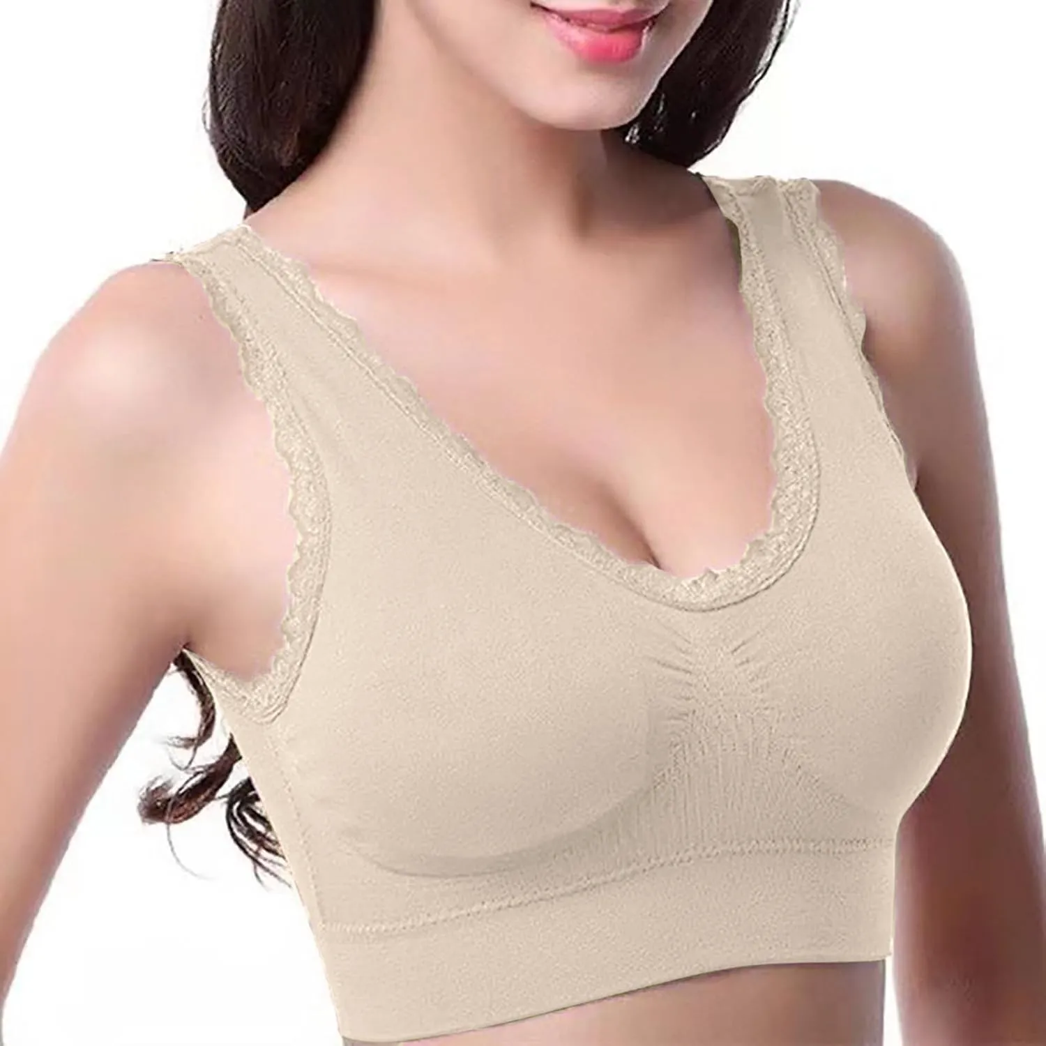 Women's Sports Bra Seamless Push up Bra Top Cover Sports Bralette Lace Trim Bras Breathable Light Bra for Yoga Fitness