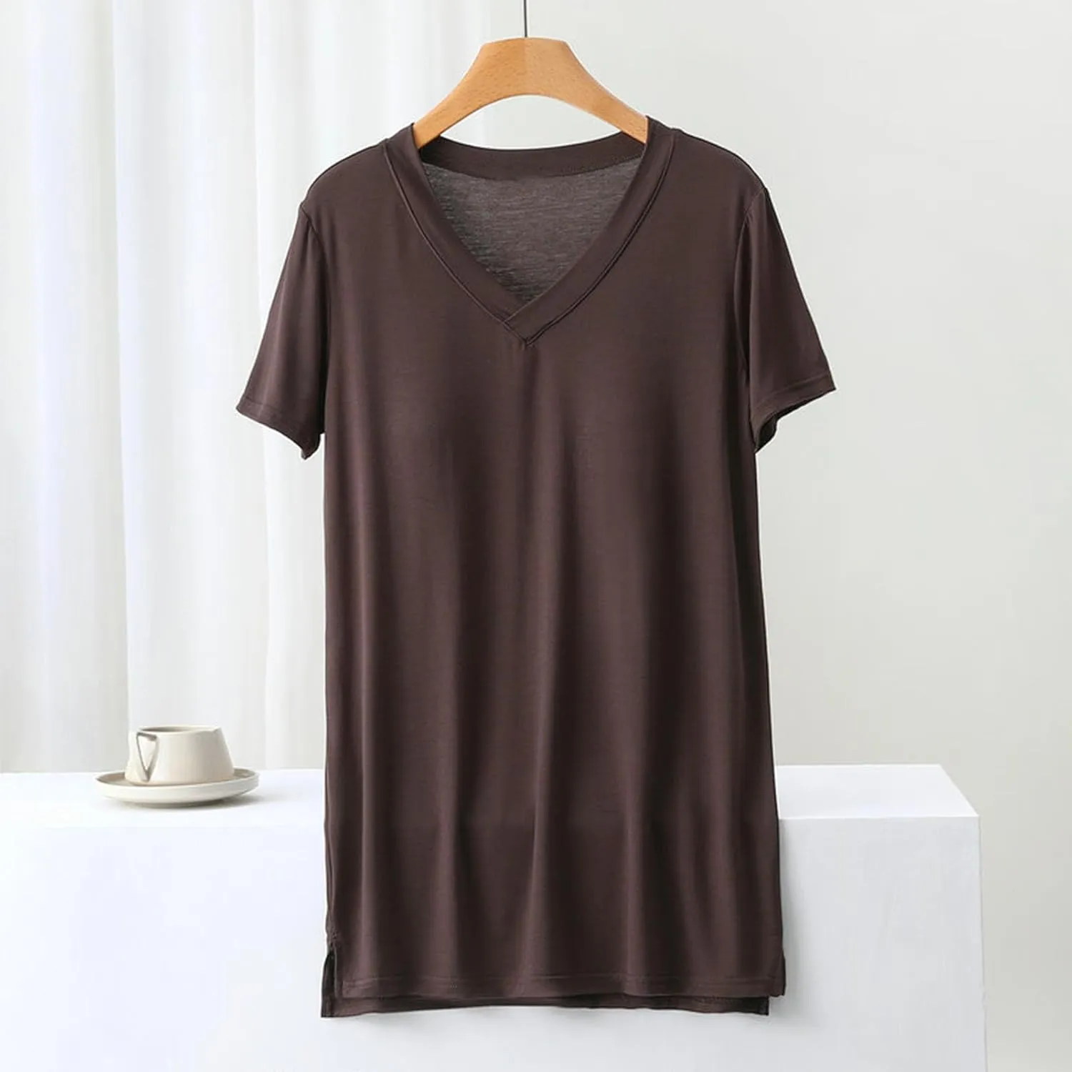 Women's Summer Loose T-Shirt with Built-in Bra Padded Active Tee Shirts V Neck Short Sleeve Casual Comfy Athletic Top