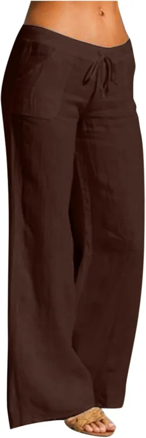 YOLAI Womens Linen Pants Summer Wide Leg Pants Casual Loose Drawstring Palazzo Pants Trousers with Pockets (T1-Brown, M)