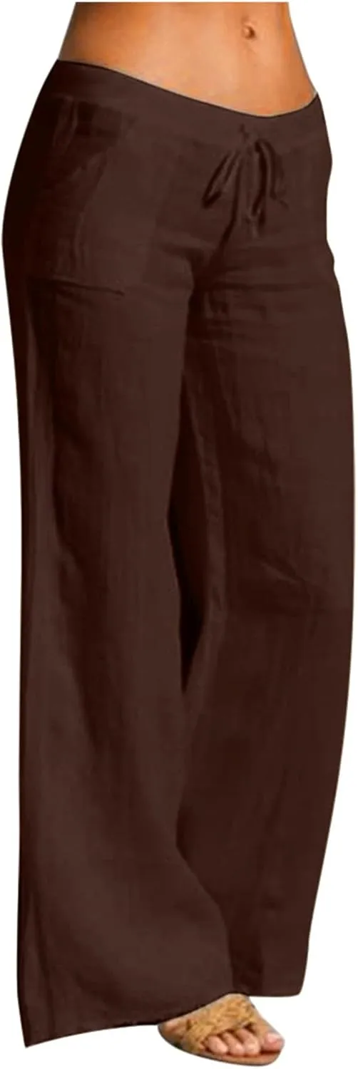 YOLAI Womens Linen Pants Summer Wide Leg Pants Casual Loose Drawstring Palazzo Pants Trousers with Pockets (T1-Brown, M)